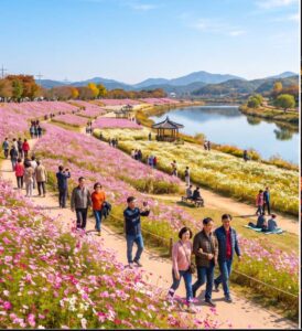 장성 황룡강 3.2km 꽃길 위에서 바라본 황화코스모스 풍경
