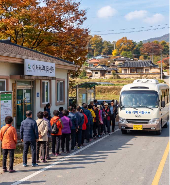 이서커뮤니티센터 앞 화순적벽문화축제 무료 셔틀버스 탑승 줄과 방문객들의 활기찬 모습