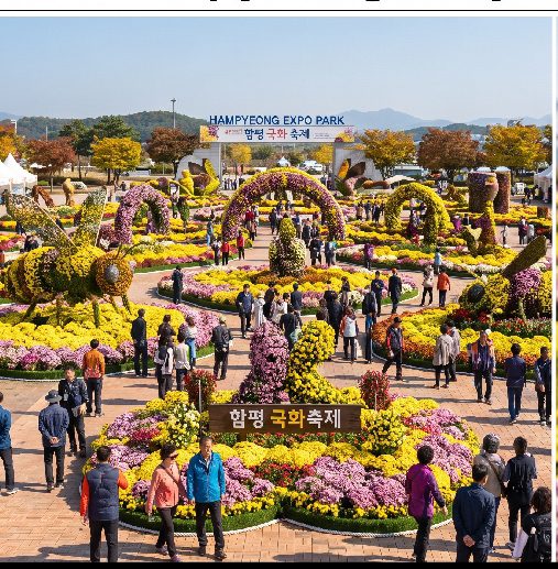 Chrysanthemum art installation zone at Hampyeong Expo Park during the 2026 Grand Chrysanthemum Festival, visitors walking through themed floral displays