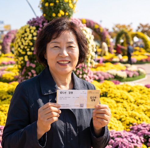 Hampyeong Expo Park during the 2026 Grand Chrysanthemum Festival at peak bloom, visitors exploring the full-scale chrysanthemum garden displays