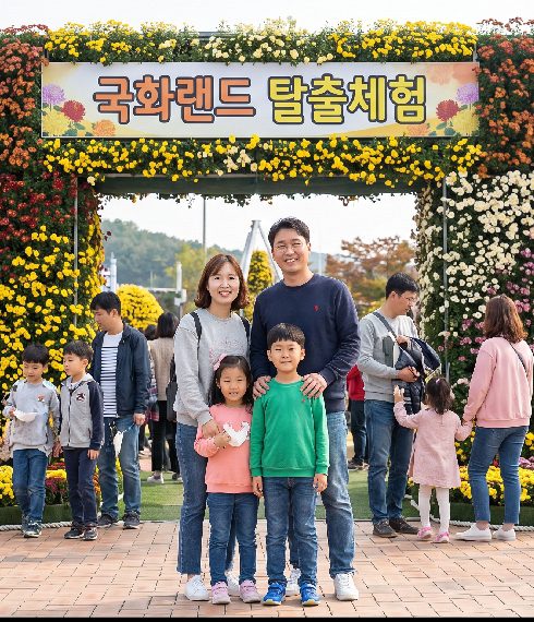 Chrysanthemum Land escape maze entry at Hampyeong Expo Park during the 2026 Grand Chrysanthemum Festival