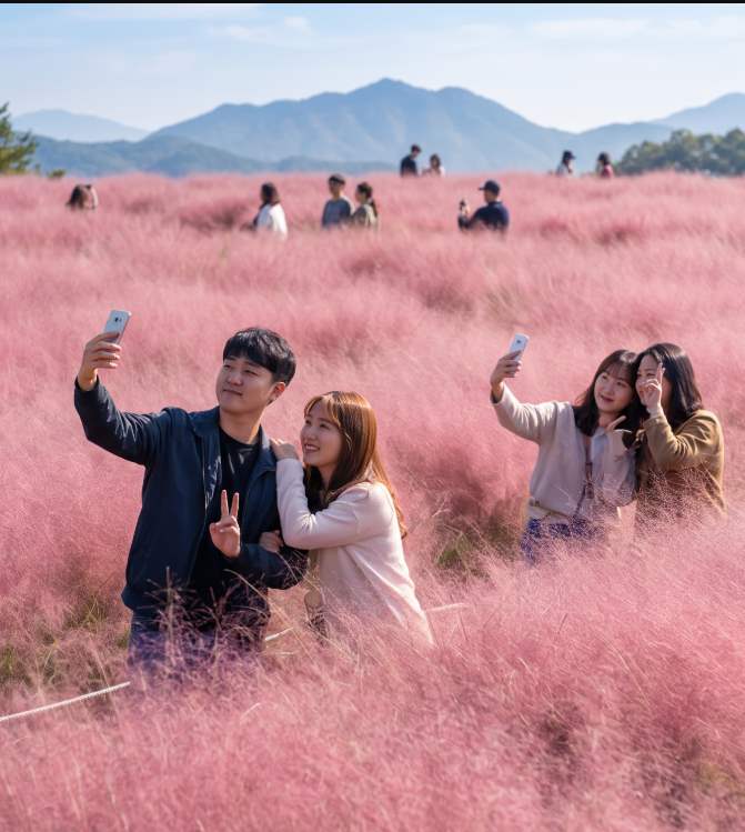 Visitors walking through the pink muhly grass field at Herb Island Sky Farm, Pocheon, during the 2026 Pink Muhly Festival