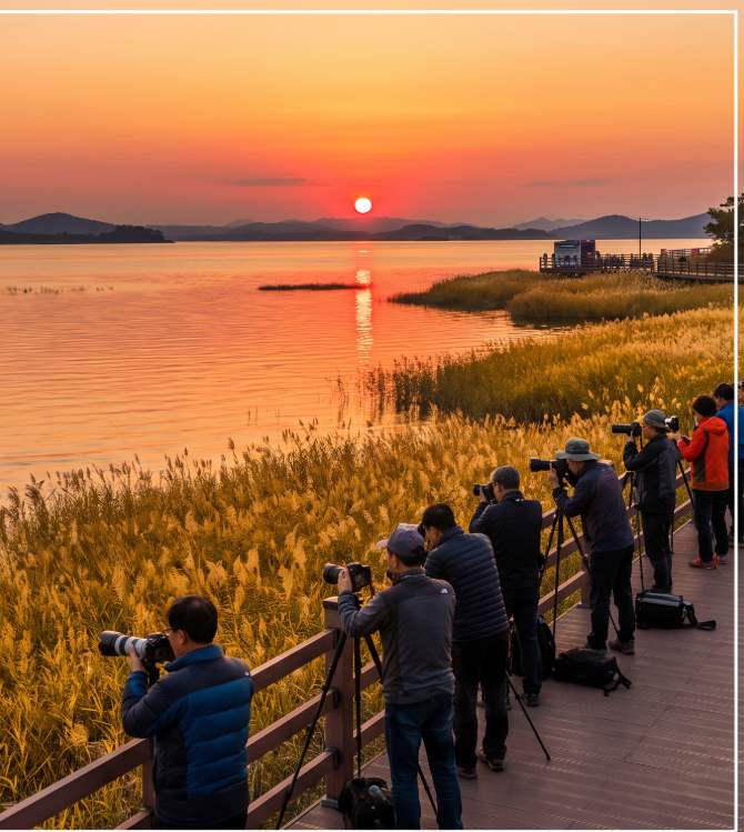 Gangjin Bay Dancing Reed Festival visitors on the deck walkway watching the sunset over Gangjin Bay through the golden reeds