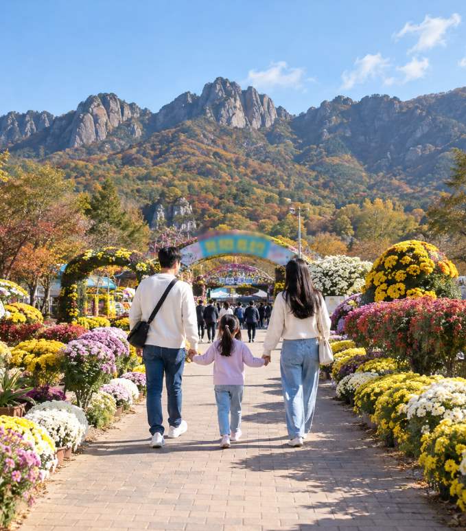 Chrysanthemum sculptures and blooms at Gichan Land with Wolchulsan granite peaks rising in the background