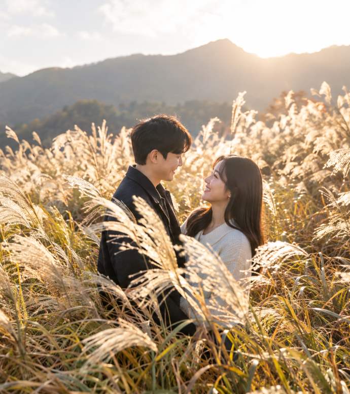 Pampas grass swaying in the breeze at Wolchulsan Gichan Land with Wolchulsan granite peaks rising in the autumn background
